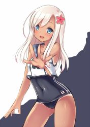 Rule 34 | 10s, 1girl, bare shoulders, blonde hair, blue eyes, blush, covered navel, cowboy shot, crop top, flower, hair flower, hair ornament, kantai collection, long hair, neckerchief, one-piece swimsuit, open mouth, outstretched hand, ro-500 (kancolle), sailor collar, school swimsuit, sei000, solo, swimsuit, swimsuit under clothes, tan, tanline