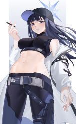 Rule 34 | 1girl, armband, armpit crease, bare shoulders, baseball cap, belt, black belt, black hair, black hat, black pants, black shirt, blue archive, blue eyes, blunt bangs, breasts, buckle, chest harness, cigarette, coat, commentary, cowboy shot, crop top, crying eye, floating hair, groin, halo, hand up, harness, hat, highres, holding, holding cigarette, knife, knife sheath, long hair, looking at viewer, medium breasts, midriff, navel, no mask, off shoulder, pants, parted lips, saori (blue archive), sheath, shirt, sleeveless, sleeveless shirt, snap-fit buckle, solo, standing, underbust, white coat
