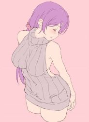 Rule 34 | 1girl, backless outfit, blush, breasts, cropped legs, dress, duke (inu daimyou), closed eyes, flat color, grey sweater, hair ornament, hair scrunchie, large breasts, long hair, love live!, love live! school idol project, meme attire, open mouth, pink background, pink scrunchie, scrunchie, simple background, sketch, sleeveless, solo, sweater, sweater dress, tojo nozomi, turtleneck, turtleneck sweater, twintails, virgin killer sweater