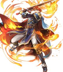 Rule 34 | 1boy, arm guards, armor, armored boots, belt, black gloves, blue armor, blue eyes, boots, cape, eliwood (fire emblem), fire, fire emblem, fire emblem: the blazing blade, fire emblem heroes, full body, gloves, highres, holding, holding sword, holding weapon, jewelry, long sleeves, looking at viewer, male focus, nintendo, official art, open mouth, pants, red hair, short hair, shoulder armor, solo, sword, tiara, transparent background, wada sachiko, weapon, white pants