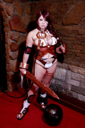 Rule 34 | 1girl, asian, blue eyes, branwen (queen&#039;s blade), branwen (queen&#039;s blade) (cosplay), breasts, brown hair, chouzuki maryou, cleavage, cosplay, female focus, heterochromia, highres, hip focus, large breasts, photo (medium), plump, queen&#039;s blade, queen&#039;s blade rebellion, red eyes, solo, thick thighs, thighs, wide hips