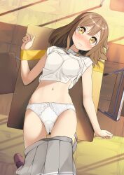 Rule 34 | 1girl, absurdres, blush, brown eyes, brown hair, classroom, clothes lift, clothes pull, commentary request, desk, embarrassed, from above, grey skirt, highres, kunikida hanamaru, loafers, looking at viewer, love live!, love live! sunshine!!, lying, medium hair, navel, neckerchief, on back, panties, pleated skirt, school desk, shirt, shirt lift, shoes, short sleeves, skirt, skirt pull, solo, tsubure manjuu, underwear, unworn neckerchief, white panties, white shirt, yellow neckerchief