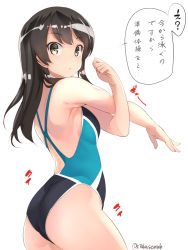 Rule 34 | 1girl, bare arms, bare legs, bare shoulders, black hair, blush, competition swimsuit, cowboy shot, from side, hair between eyes, kantai collection, long hair, looking at viewer, multicolored clothes, multicolored swimsuit, one-piece swimsuit, oyashio (kancolle), parted lips, simple background, solo, speech bubble, stretching, swimsuit, takase muh, translation request, twitter username, white background, yellow eyes