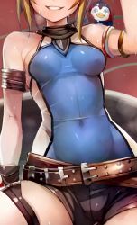 Rule 34 | 10s, 1girl, bare shoulders, belt, belt skirt, bird, blonde hair, breasts, covered navel, granblue fantasy, grin, head out of frame, leotard, pengie, short shorts, shorts, sitting, skin tight, small breasts, smile, solo, steam, sweat, taishi (picchiridou)