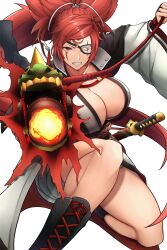 Rule 34 | 1girl, absurdres, amputee, arm cannon, baiken, bandages, breasts, cannon, cleavage, cleavage cutout, clenched teeth, clothing cutout, collarbone, eyepatch, facial mark, fire, fire, forehead mark, guilty gear, guilty gear strive, highres, huge breasts, japanese clothes, katana, kimono, kneeling, large breasts, long hair, metadata:arc system works, open clothes, open kimono, ponytail, red eyes, red hair, rope, scar, scar across eye, scar on face, sheath, sheathed, solo, souma (so u maaaaa), sword, teeth, thighs, weapon, wide sleeves