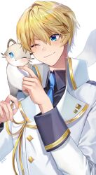 Rule 34 | 1boy, ;), aiguillette, animal, animal on shoulder, black shirt, blonde hair, blue eyes, blue necktie, buttons, closed mouth, collared jacket, collared shirt, creepyday, diamond button, ferret, gold trim, hair between eyes, hand up, highres, hiyamaru, holostars, jacket, kishido temma, lapel pin, light blush, long sleeves, looking at animal, male focus, necktie, one eye closed, shirt, short hair, simple background, sleeve cuffs, smile, solo, upper body, virtual youtuber, white background, white jacket