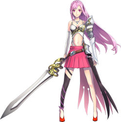 Rule 34 | 1girl, braid, breasts, cleavage, earrings, full body, jewelry, long hair, midriff, miniskirt, navel, necklace, official art, phantom of the kill, pink eyes, pink hair, simple background, skirt, solo, sword, tyrfing (phantom of the kill), very long hair, weapon, white background