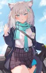 Rule 34 | 1girl, absurdres, animal ear fluff, animal ears, aqua necktie, aqua scarf, bag, bicycle, black jacket, blue archive, blue eyes, blue sky, blush, cloud, day, hair between eyes, hair ornament, hand up, highres, jacket, long sleeves, looking at viewer, necktie, open clothes, open jacket, outdoors, parted lips, plaid, plaid skirt, pleated skirt, scarf, school bag, shiroko (blue archive), shirt, silver hair, skirt, sky, solo, sorotu, thighs, waving, white shirt, x hair ornament