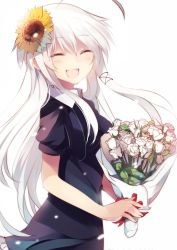 Rule 34 | 1girl, :d, ^ ^, ahoge, anceril sacred, bad id, bad pixiv id, blush, bouquet, closed eyes, dress, flower, hair flower, hair ornament, holding, long hair, looking at viewer, mishima kurone, open mouth, original, simple background, smile, solo, sunflower, very long hair, white background, white hair