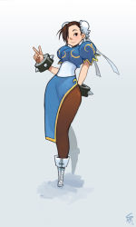 Rule 34 | 1girl, boots, bracelet, brown hair, bun cover, capcom, china dress, chinese clothes, chun-li, double bun, dress, earrings, hair bun, hair over one eye, jewelry, long legs, pantyhose, sash, shaun healey, short hair, simple background, solo, spiked bracelet, spikes, street fighter, v