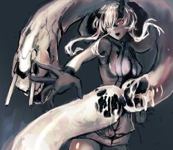 Rule 34 | 1girl, abyssal ship, asymmetrical horns, black gloves, breasts, colored skin, gloves, grey background, hagioshi, heavy cruiser princess, hood, hood down, horns, kantai collection, large breasts, open mouth, pale skin, red eyes, short hair with long locks, simple background, sketch, sleeveless, tail, teeth, uneven horns, white hair, white skin
