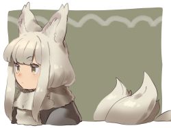 Rule 34 | 1girl, animal ears, blunt bangs, border, brown eyes, closed mouth, enpera, fox ears, fox tail, fur collar, green background, grey hair, highres, multiple tails, okame nin, original, scarf, simple background, solo, tail, upper body, white border