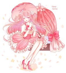 Rule 34 | 1girl, absurdres, bad id, bad pixiv id, bobble, cherry blossom cookie, cherry blossoms, closed eyes, cookie run, flower, gloves, hair flower, hair ornament, highres, long hair, parasol, petals, pink hair, pink skirt, pink theme, skirt, solo, two side up, umbrella, white gloves