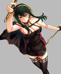 Rule 34 | 1girl, aona (anagasaki), artist name, bare shoulders, black dress, black hair, black thighhighs, breasts, cleavage, dress, hair ornament, hairband, highres, large breasts, long hair, looking at viewer, red eyes, sidelocks, solo, spy x family, thighhighs, yor briar