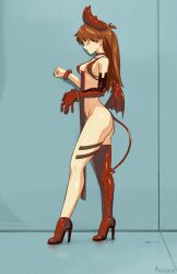 Rule 34 | 1girl, artist name, aseiusx, ass, breasts, brown hair, closed eyes, demon horns, demon tail, demon wings, fake tail, fake wings, full body, gloves, halloween costume, highres, horns, long hair, medium breasts, neon genesis evangelion, no panties, pubic tattoo, revealing clothes, shiny skin, single glove, souryuu asuka langley, standing, sweat, tail, tattoo, wall, wings