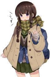 Rule 34 | 1girl, :d, black hair, buttons, coat, green sailor collar, green skirt, highres, kantai collection, kitakami (kancolle), long hair, long sleeves, okitsugu, open mouth, plaid, plaid scarf, pleated skirt, purple eyes, sailor collar, scarf, school uniform, serafuku, simple background, skirt, smile, solo, white background, winter clothes