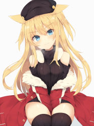 Rule 34 | 1girl, animal ears, bare shoulders, between legs, black hat, black sweater, black thighhighs, blonde hair, blue eyes, blush, breasts, cat ears, closed mouth, clothing cutout, commentary request, fur-trimmed jacket, fur trim, hand between legs, hat, highres, jacket, long hair, looking at viewer, medium breasts, nibiiro shizuka, off shoulder, open clothes, open jacket, original, red jacket, ribbed legwear, ribbed sweater, shoulder cutout, simple background, sitting, smile, solo, sweater, thighhighs, turtleneck, turtleneck sweater, white background