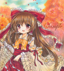 Rule 34 | 1girl, :d, autumn, autumn leaves, blue skirt, blush, bow, bowtie, breasts, brown hair, cowboy shot, detached sleeves, frilled bow, frilled hair tubes, frilled sleeves, frills, gohei, hair between eyes, hair bow, hair tubes, hakurei reimu, holding, holding stick, leaf print, looking at viewer, marker (medium), open mouth, orange background, outdoors, print sleeves, red bow, red eyes, red ribbon, red shirt, red skirt, ribbon, ribbon-trimmed sleeves, ribbon trim, rui (sugar3), sample watermark, shirt, skirt, sleeve ribbon, sleeveless, sleeveless shirt, small breasts, smile, solo, standing, stick, touhou, traditional media, tree, watermark, wide sleeves, yellow bow, yellow bowtie