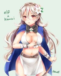 Rule 34 | 1girl, ayame (norie11), belt, blue cape, bow (weapon), breasts, cape, character name, cleavage, corrin (female) (fire emblem), corrin (fire emblem), cosplay, fire emblem, fire emblem fates, flower, hair between eyes, hair flower, hair ornament, holding, holding bow (weapon), holding weapon, long hair, medium breasts, navel, nintendo, open mouth, pointy ears, red eyes, side slit, signature, simple background, solo, weapon, white hair