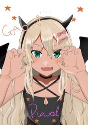 Rule 34 | 1girl, absurdres, bat wings, black hairband, black tank top, blonde hair, clothes writing, commentary request, curled fingers, demon wings, fake horns, fangs, grecale (kancolle), green eyes, hairband, highres, horns, kantai collection, long hair, simple background, skin fangs, solo, tan, tank top, toriniku senshi chikinman, upper body, wavy hair, white background, wings