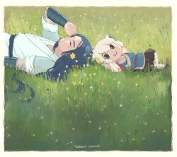 Rule 34 | 2boys, absurdres, animal ears, artist name, black footwear, black pants, blue flower, border, cat boy, cat ears, child, flower, grass, hair flower, hair ornament, highres, luo xiaohei, luo xiaohei zhanji, multiple boys, open mouth, pants, pink flower, shoes, short sleeves, smile, upper body, white border, wuxian (the legend of luoxiaohei), yadokari chimaki, yellow flower