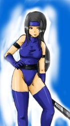 Rule 34 | 1girl, armband, artist request, black eyes, black hair, blue gloves, blue thighhighs, female focus, gloves, gradient background, hand on own hip, headband, hip focus, kitana, leotard, long hair, lowres, midway, mortal kombat (series), solo, thighhighs, white background