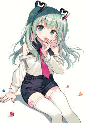 Rule 34 | 1girl, arm support, bare shoulders, black shirt, black shorts, blush, candy, collared shirt, commentary, english commentary, feet out of frame, food, green eyes, green hair, green nails, hand up, hatsune miku, highres, holding, holding food, nail polish, necktie, nishizawa, off-shoulder shirt, off shoulder, pink necktie, shadow, shirt, short shorts, shorts, sitting, sleeveless, sleeveless shirt, solo, thighhighs, twintails, vocaloid, white background, white shirt, white thighhighs