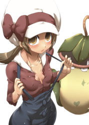 Rule 34 | 00s, 1girl, blush, bow, breasts, brown eyes, brown hair, brown ribbon, cleavage, collarbone, covered erect nipples, creatures (company), flat chest, game freak, gen 1 pokemon, hat, hat ribbon, lyra (pokemon), medium breasts, nintendo, no bra, orange eyes, overalls, pokemon, pokemon (creature), pokemon hgss, ribbon, simple background, skin tight, tokyo (great akuta), twintails, victreebel, white background