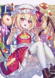 Rule 34 | 1girl, :d, blonde hair, bloomers, boots, brick wall, brown footwear, checkerboard cookie, commentary request, cookie, crystal, diamond-shaped pupils, diamond (shape), drill hair, fangs, flandre scarlet, food, foot out of frame, frilled skirt, frilled sleeves, frills, fruit, hair between eyes, hands up, hat, hat ribbon, here (hr rz ggg), highres, knees up, long hair, mob cap, open mouth, red eyes, red nails, red ribbon, red skirt, red vest, ribbon, shirt, short sleeves, side drill, skirt, smile, solo, sparkle, strawberry, symbol-shaped pupils, thighhighs, touhou, underwear, vest, white bloomers, white hat, white shirt, white thighhighs, window, wings