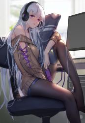 Rule 34 | 1girl, absurdres, bare shoulders, black pantyhose, blue skirt, blush, breasts, brown sweater, chair, elbow rest, hair ornament, hairclip, headphones, highres, holding, knee up, large breasts, long hair, looking at viewer, off-shoulder sweater, off shoulder, original, pantyhose, purple eyes, sidelocks, sitting, skirt, smile, solo, swd3e2, sweater, white hair