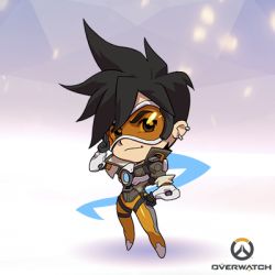 Rule 34 | 1girl, artist request, black gloves, black hair, chibi, ear piercing, full body, gloves, goggles, hand on own hip, lowres, official art, overwatch, overwatch 1, piercing, short hair, solo, standing, tracer (overwatch)