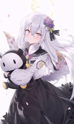 Rule 34 | 1girl, absurdres, azusa (blue archive), black dress, black sailor collar, blue archive, closed mouth, commentary request, dress, feathered wings, flower, grey hair, hair between eyes, hair flower, hair ornament, halo, highres, hugging object, jacket, long sleeves, looking at viewer, low wings, open clothes, open jacket, petals, pink background, pink eyes, pink flower, pink rose, puffy long sleeves, puffy sleeves, purple flower, roi (liu tian), rose, sailor collar, simple background, solo, stuffed toy, white jacket, white wings, wings