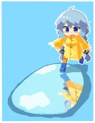 Rule 34 | 1girl, ahoge, alternate costume, blue background, blue eyes, blue footwear, blush stickers, boots, border, braid, chibi, cloud, full body, highres, kizuna akari, konohoshi, long hair, long sleeves, looking down, low twin braids, open mouth, orange pantyhose, outline, pantyhose, puddle, reflection, reflective water, rubber boots, running, shadow, sidelocks, simple background, smile, solo, twin braids, very long hair, voiceroid, white border, white outline, yellow raincoat