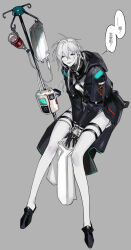 Rule 34 | 1girl, ?, arknights, arms between legs, bags under eyes, bandaged hand, bandages, black footwear, black gloves, closed eyes, closed mouth, cowlick, doctor (arknights), facing viewer, female doctor (arknights), gloves, grey background, hair between eyes, highres, hood, hooded coat, intravenous drip, invisible chair, iv stand, kaifei (kaifei 29), long hair, long sleeves, messy hair, pale skin, pelvic curtain, pouch, pump, scar, scar on face, scar on mouth, simple background, sitting, smile, solo, speech bubble, thigh strap, tube, white hair