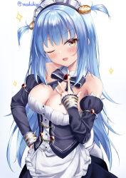 Rule 34 | 1girl, absurdres, apron, azur lane, bare shoulders, black dress, blue hair, breasts, clam shell, cleavage, detached sleeves, dress, frilled hairband, frills, hairband, highres, large breasts, long hair, looking at viewer, maid headdress, makihige, neptune (azur lane), one eye closed, open mouth, shell hair ornament, simple background, solo, sparkle, white apron, yellow eyes