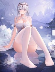 Rule 34 | 1girl, absurdres, arm support, azur lane, blue eyes, blush, breasts, cleavage, criss-cross halter, dido (magicc), dress, emden (azur lane), emden (moonsilver union) (azur lane), feet, flower, foot focus, foreshortening, halterneck, highres, lace, lace-trimmed legwear, lace trim, large breasts, long hair, looking at viewer, no shoes, reflection, reflective water, see-through, see-through legwear, shallow water, sitting, sitting on water, solo, thighhighs, thighs, toes, water, white dress, white hair, white thighhighs