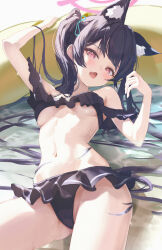 Rule 34 | 1girl, absurdres, animal ear fluff, animal ears, bare arms, bare legs, bare shoulders, bikini, black bikini, black hair, blue archive, blush, breasts, cat ears, cowboy shot, extra ears, fang, frilled bikini, frills, gisi (gicgic draw), halo, highres, long hair, looking at viewer, navel, official alternate costume, open mouth, pink halo, red eyes, serika (blue archive), serika (swimsuit) (blue archive), skin fang, small breasts, solo, swimsuit, twintails, underboob