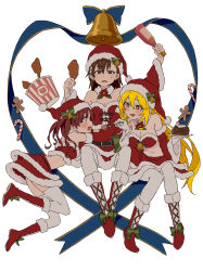 Rule 34 | + +, 3girls, absurdres, arm up, bell, belt, black belt, blonde hair, blue ribbon, blush, boots, bottle, bow, breasts, brown eyes, brown hair, bucket, cake, candy, candy cane, chicken (food), christmas, cleavage, commentary request, crop top, detached sleeves, feeding, floating, flower, food, fork, frown, fur-trimmed shirt, fur-trimmed skirt, fur-trimmed sleeves, fur collar, fur trim, gingerbread man, gloves, green bow, hair flower, hair ornament, half-closed eyes, hat, highres, holding, holding bottle, holding food, holding fork, holding plate, holly, hug, large breasts, layered skirt, leaning forward, long hair, looking at another, matching outfits, medium hair, midriff, miniskirt, misaka mikoto, multiple girls, navel, open mouth, plate, red footwear, red hair, red headwear, red shirt, red skirt, red sleeves, ribbon, santa boots, santa costume, santa hat, shirai kuroko, shirt, shokuhou misaki, sitting, skirt, small breasts, smile, strapless, strapless shirt, sweatdrop, teruya (6w6y), thighhighs, toaru kagaku no railgun, toaru majutsu no index, twintails, unamused, white gloves, yuri
