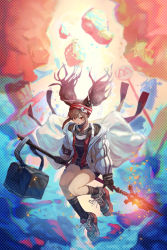 Rule 34 | 1girl, angelina (arknights), animal ears, arknights, bag, black footwear, black gloves, black shirt, black shorts, black socks, breasts, brown hair, coat, commentary, cross-laced footwear, duffel bag, earpiece, floating, floating hair, fox ears, full body, gloves, glowing, glowing weapon, hairband, highres, holding, holding staff, jacket, long hair, looking at viewer, mannouyakunta, medium breasts, open clothes, open coat, open jacket, open mouth, patterned background, red eyes, red jacket, rock, shirt, shoes, short shorts, shorts, sneakers, socks, solo, staff, thighs, twintails, unzipped, weapon, white coat