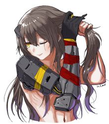 Rule 34 | 1girl, braiding hair, commentary request, e.de.n, girls&#039; frontline, hair ornament, hairdressing, hand in own hair, holding, holding own hair, long hair, mechanical arms, mod3 (girls&#039; frontline), navel, nude, one eye closed, prosthesis, prosthetic arm, ribs, scar, signature, single mechanical arm, smile, ump45 (girls&#039; frontline), ump45 (mod3) (girls&#039; frontline), upper body, white background