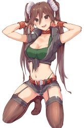 Rule 34 | 10s, 1girl, :d, absurdres, armadillo-tokage, arms up, bad id, bad pixiv id, belt, black panties, blush, boots, breasts, brown eyes, brown hair, choker, cleavage, crop top, front-tie top, garter straps, highres, kantai collection, kneeling, long hair, looking at viewer, midriff, miniskirt, navel, open mouth, panties, shiny skin, shirt, simple background, skindentation, skirt, smile, solo, thigh boots, thighhighs, thong, tied shirt, tone (kancolle), twintails, underwear, white background, wristband