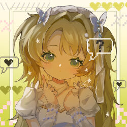 Rule 34 | 1girl, ?, blush, bracelet, chinese commentary, commentary request, detached sleeves, dress, flower (symbol), green eyes, green hair, hair intakes, heart, highres, index finger raised, jewelry, long hair, looking at viewer, parted lips, pixelated, reverse:1999, short sleeves, solo, sotheby, spoken heart, spoken question mark, tetee, upper body, white dress, white headdress