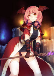 Rule 34 | 1girl, :q, blush, breasts, brown gloves, capelet, crystal, demon girl, demon wings, dress, female focus, fingerless gloves, gloves, glowing, head wings, highres, large breasts, long hair, looking at viewer, pink hair, pyromancer (tree of savior), ribbed dress, ricegnat, smile, solo, staff, thighhighs, tongue, tongue out, tree of savior, white thighhighs, wings, wizard (tree of savior), yellow eyes