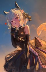 Rule 34 | 1girl, animal ears, black dress, black gloves, blush, bow, breasts, chochomi, cleavage, cloud, corrupted twitter file, curren chan (sakutsuki ma cherie) (umamusume), curren chan (umamusume), dress, dress bow, ear covers, elbow gloves, evening, frills, gloves, hair bow, heart, highres, horse ears, horse girl, horse tail, looking at viewer, medium breasts, outdoors, parted lips, pink bow, purple eyes, see-through, see-through cleavage, sky, solo, tail, the promised time: silks &amp; three riddles (umamusume), umamusume, white hair