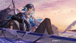 Rule 34 | 1boy, arknights, ascot, black choker, black gloves, black hair, black jacket, black pants, blue ascot, blue hair, boat, choker, colored inner hair, copyright name, gloves, highres, itefu, jacket, knee up, long sleeves, lumen (arknights), male focus, multicolored hair, official art, open clothes, open jacket, outdoors, pants, pointy ears, shirt, sitting, solo, water, watercraft, white shirt