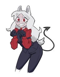 Rule 34 | 1girl, animal ears, black gloves, black pants, black vest, cerberus (helltaker), collared shirt, commentary, cropped legs, demon girl, demon tail, dog ears, dog girl, english commentary, gloves, grin, helltaker, highres, leaning forward, long hair, long sleeves, looking at viewer, making-of available, memetastic, pants, paw pose, red eyes, red shirt, shirt, simple background, smile, solo, tail, vest, waistcoat, white background, white hair, wing collar