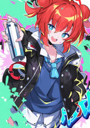 Rule 34 | 1girl, black jacket, blue archive, blue eyes, blue necktie, blush, collarbone, collared shirt, cowboy shot, double bun, hair between eyes, hair bun, highres, holding, jacket, looking at viewer, maki (blue archive), necktie, omochishiki, open clothes, open jacket, open mouth, pleated skirt, red hair, shirt, short hair, skirt, smile, solo, spray can, white shirt, white skirt