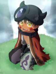 Rule 34 | 1boy, android, batsusuke, blush, child, dark skin, embarrassed, facial mark, helmet, highres, made in abyss, male focus, outdoors, regu (made in abyss), seiza, sitting, solo