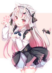 Rule 34 | 1girl, alternate costume, animal ears, blush, casual, cat ears, cat tail, checkered clothes, checkered skirt, detached sleeves, fang, hair ornament, highres, hololive, horns, looking at viewer, nakiri ayame, nakiri ayame (girly), open mouth, paw pose, pinstripe pattern, pinstripe skirt, red eyes, ribbon, simple background, skin-covered horns, skirt, solo, striped, tail, tail ornament, tail ribbon, virtual youtuber, yuano