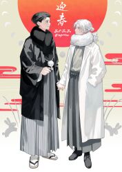 Rule 34 | 2boys, black eyes, black hair, black scarf, closed mouth, coat, commentary request, ear piercing, earrings, full body, grey eyes, hakama, hand in pocket, haori, highres, holding hands, japanese clothes, jewelry, long coat, looking at another, male focus, multiple boys, original, piercing, red sun, sandals, scarf, shoes, short hair, smile, socks, standing, twitter username, ugonba (howatoro), white coat, white hair, white scarf, white socks, yaoi